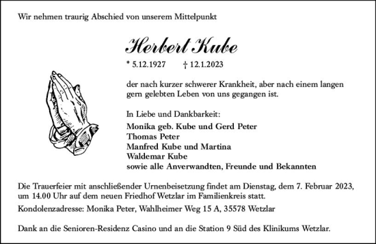 Traueranzeige von Herbert Kube von Wetzlarer Neue Zeitung
