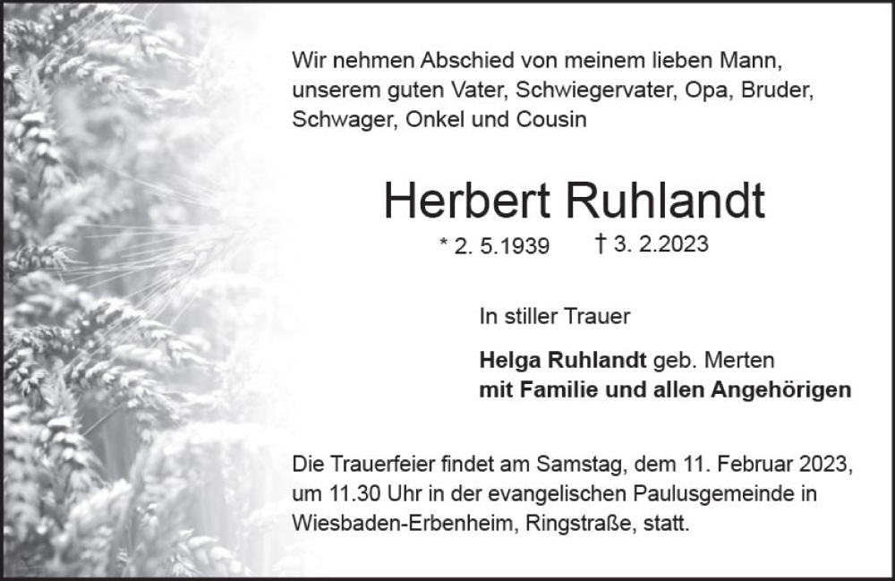  Traueranzeige für Herbert Ruhlandt vom 08.02.2023 aus Wiesbadener Kurier gesamt