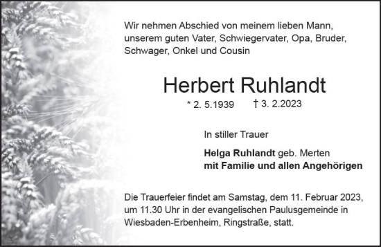 Traueranzeige von Herbert Ruhlandt von Wiesbadener Kurier gesamt