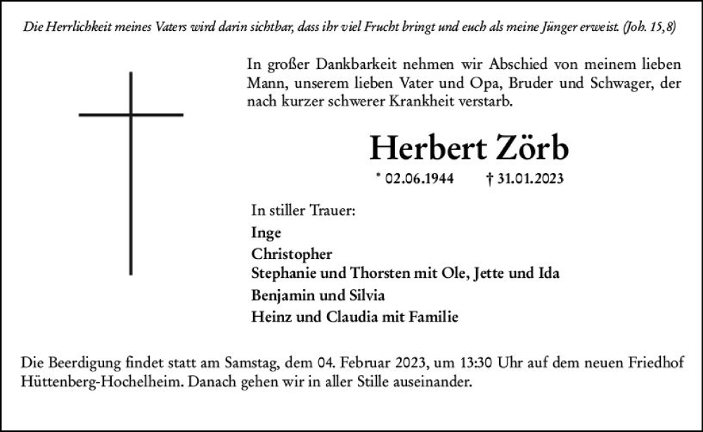  Traueranzeige für Herbert Zörb vom 02.02.2023 aus Wetzlarer Neue Zeitung