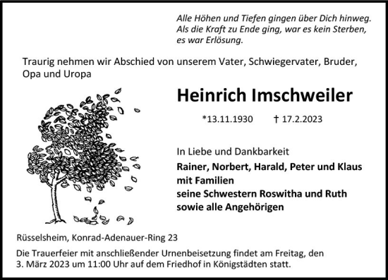 Traueranzeige von Hermann Imschweiler von Rüsselsheimer Echo