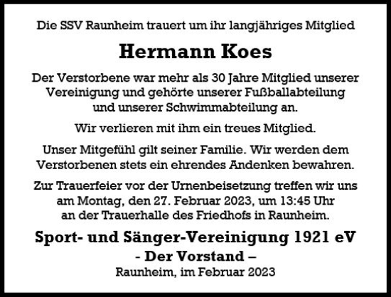 Traueranzeige von Hermann Koes von Rüsselsheimer Echo