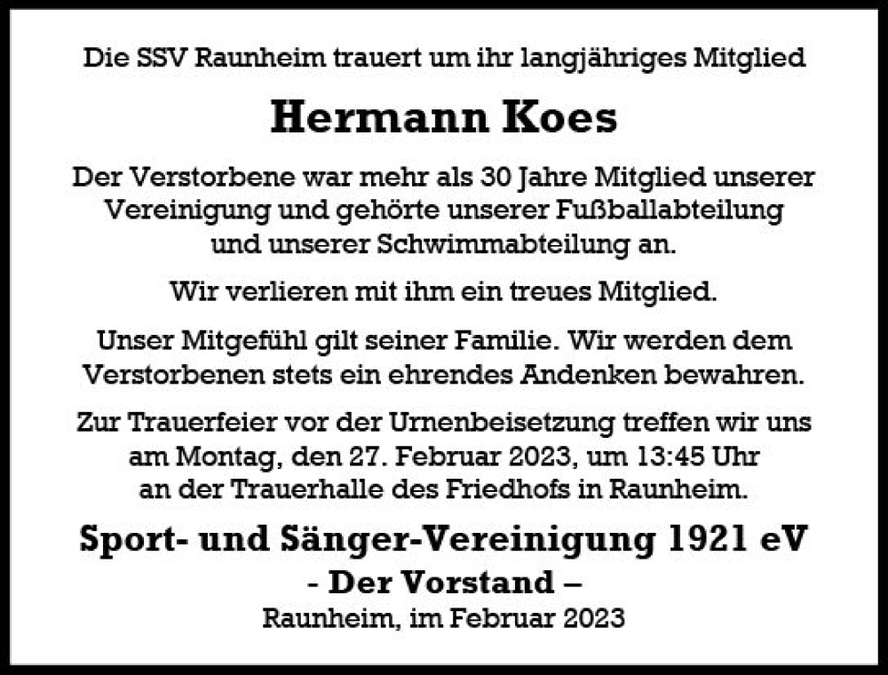  Traueranzeige für Hermann Koes vom 21.02.2023 aus Rüsselsheimer Echo