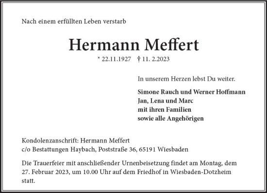 Traueranzeige von Hermann Meffert von Wiesbadener Kurier
