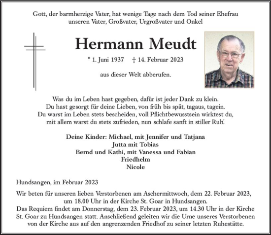 Traueranzeige von Hermann Meudt von Nassauische Neue Presse