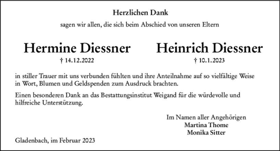 Traueranzeige von Hermine Diessner von Hinterländer Anzeiger