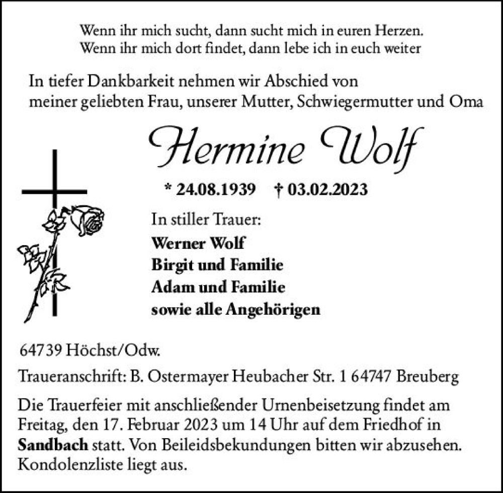  Traueranzeige für Hermine Wolf vom 11.02.2023 aus Odenwälder Echo