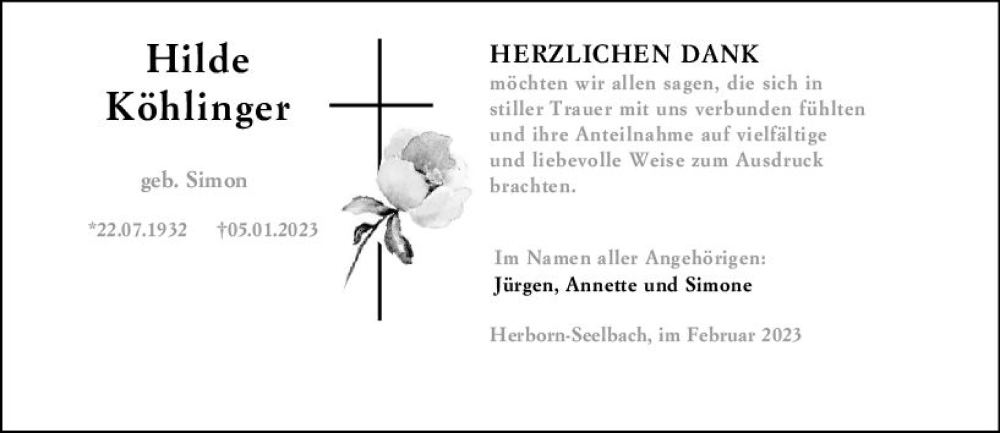  Traueranzeige für Hilde Köhlinger vom 25.02.2023 aus Dill Block