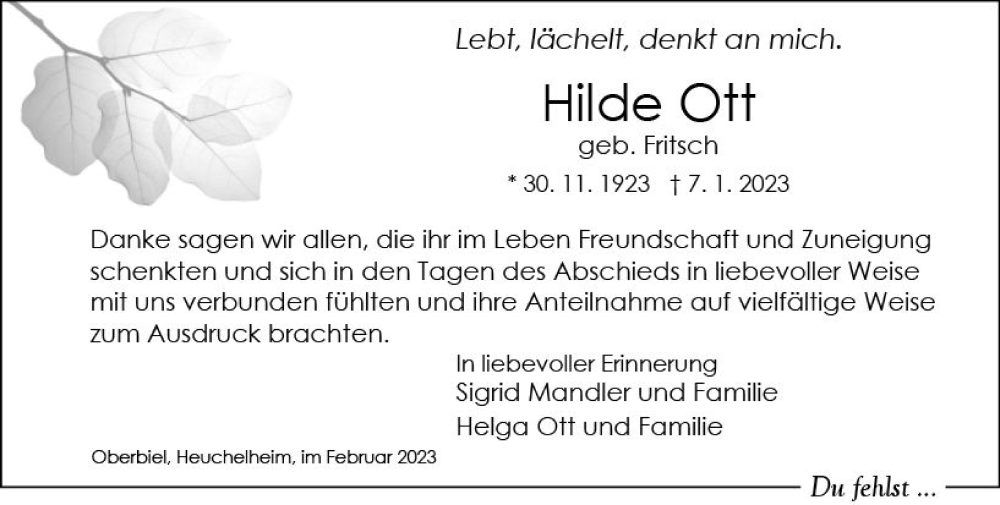  Traueranzeige für Hilde Ott vom 11.02.2023 aus Wetzlarer Neue Zeitung