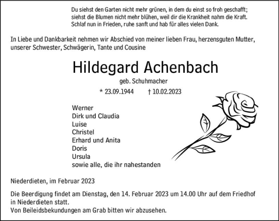 Traueranzeige von Hildegard Achenbach von Hinterländer Anzeiger
