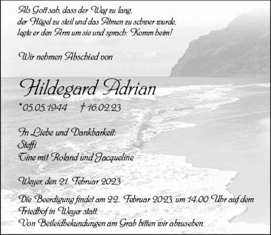 Traueranzeige von Hildegard Adrian von Nassauische Neue Presse