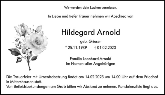 Traueranzeige von Hildegard Arnold von Starkenburger Echo