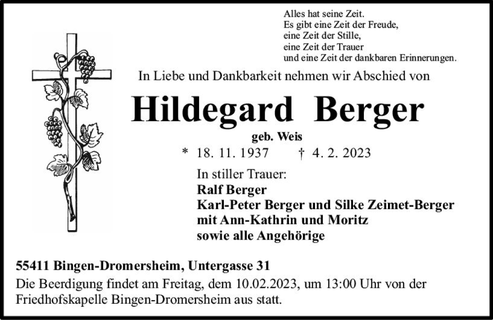  Traueranzeige für Hildegard Berger vom 08.02.2023 aus Allgemeine Zeitung Ingelheim-Bingen