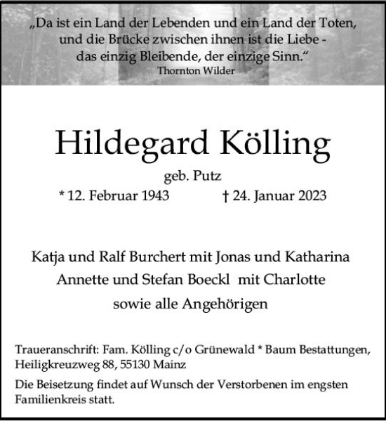 Traueranzeige von Hildegard Kölling von Allgemeine Zeitung Alzey