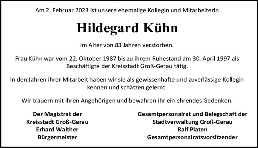 Traueranzeige für Hildegard Kühn vom 25.02.2023 aus Groß-Gerauer Echo