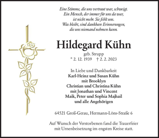 Traueranzeige von Hildegard Kühn von Groß-Gerauer Echo