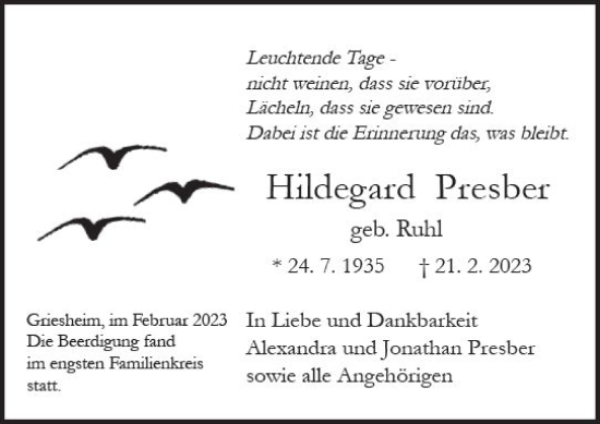 Traueranzeige von Hildegard Presber von Darmstädter Echo