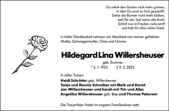 Traueranzeige von Hildegard Lina Willersheuser von Wetzlarer Neue Zeitung