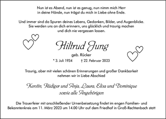 Traueranzeige von Hiltrud Jung von Wetzlarer Neue Zeitung