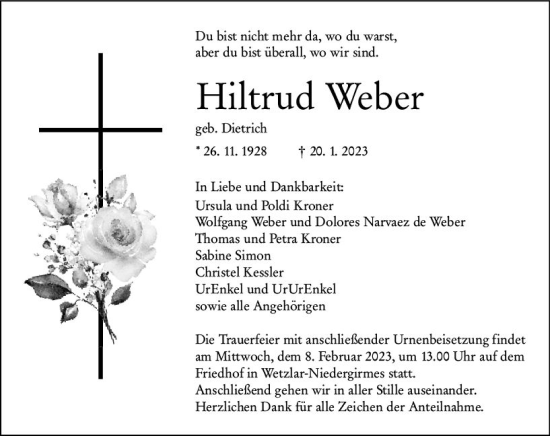 Traueranzeige von Hiltrud Weber von Wetzlarer Neue Zeitung