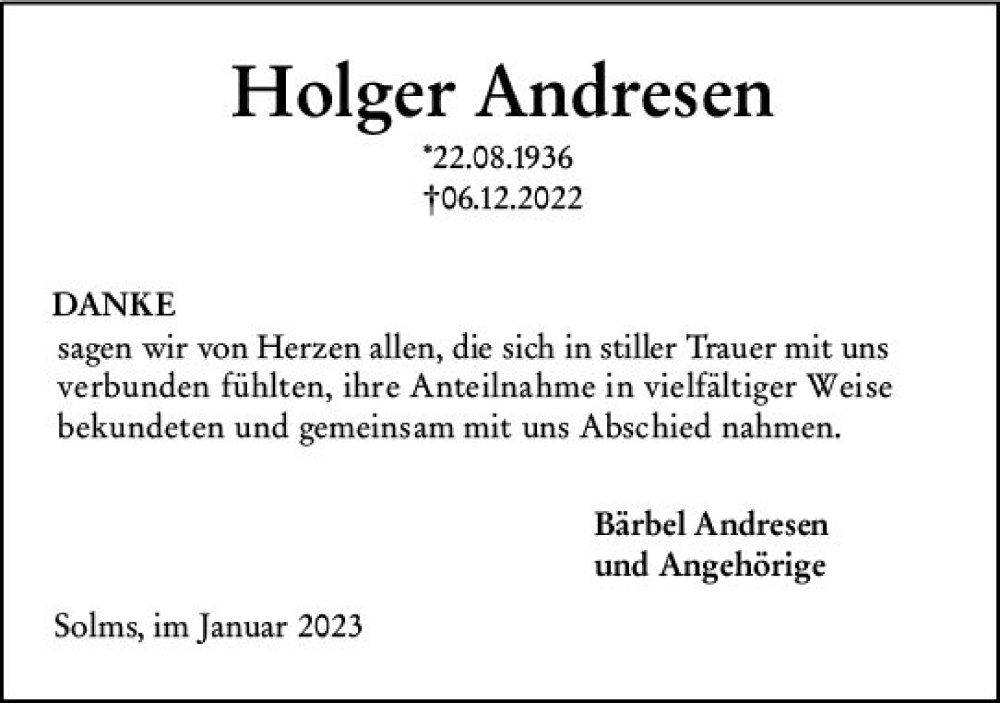  Traueranzeige für Holger Andresen vom 02.02.2023 aus Wetzlarer Neue Zeitung