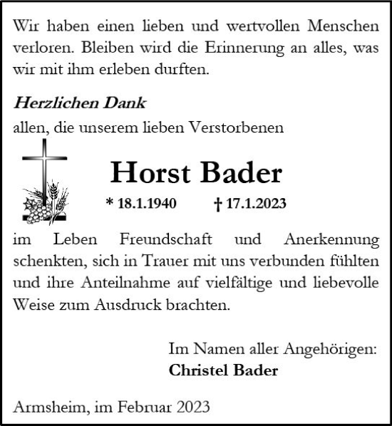 Traueranzeige von Horst Bader von Allgemeine Zeitung Alzey