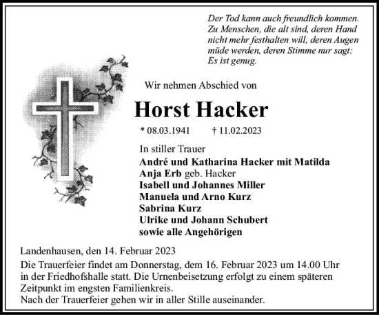Traueranzeige von Horst Hacker von VRM Trauer