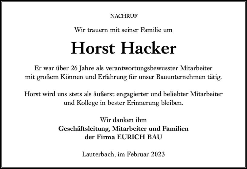  Traueranzeige für Horst Hacker vom 15.02.2023 aus VRM Trauer
