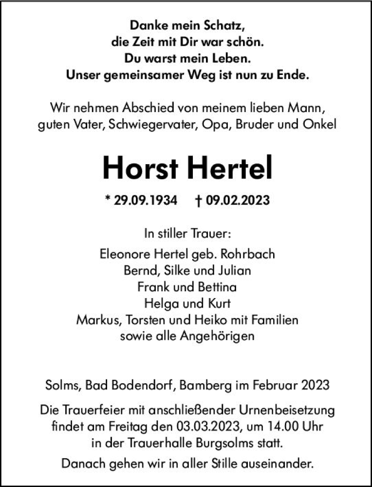  Traueranzeige für Horst Hertel vom 25.02.2023 aus Wetzlarer Neue Zeitung