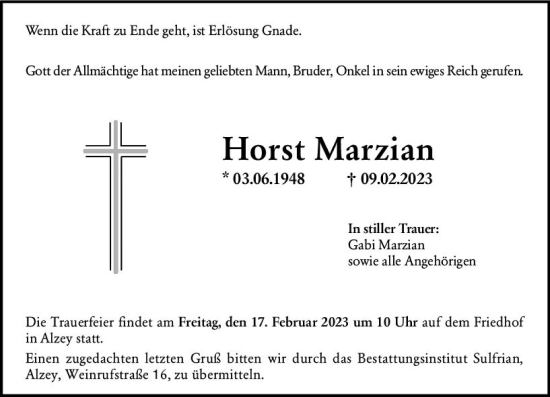 Traueranzeige von Horst Marzian von Allgemeine Zeitung Alzey