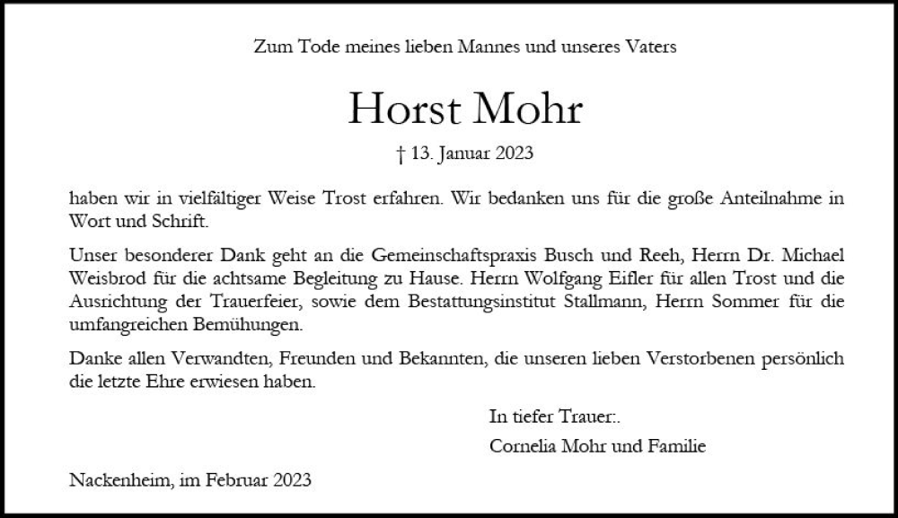  Traueranzeige für Horst Mohr vom 25.02.2023 aus Allgemeine Zeitung Mainz