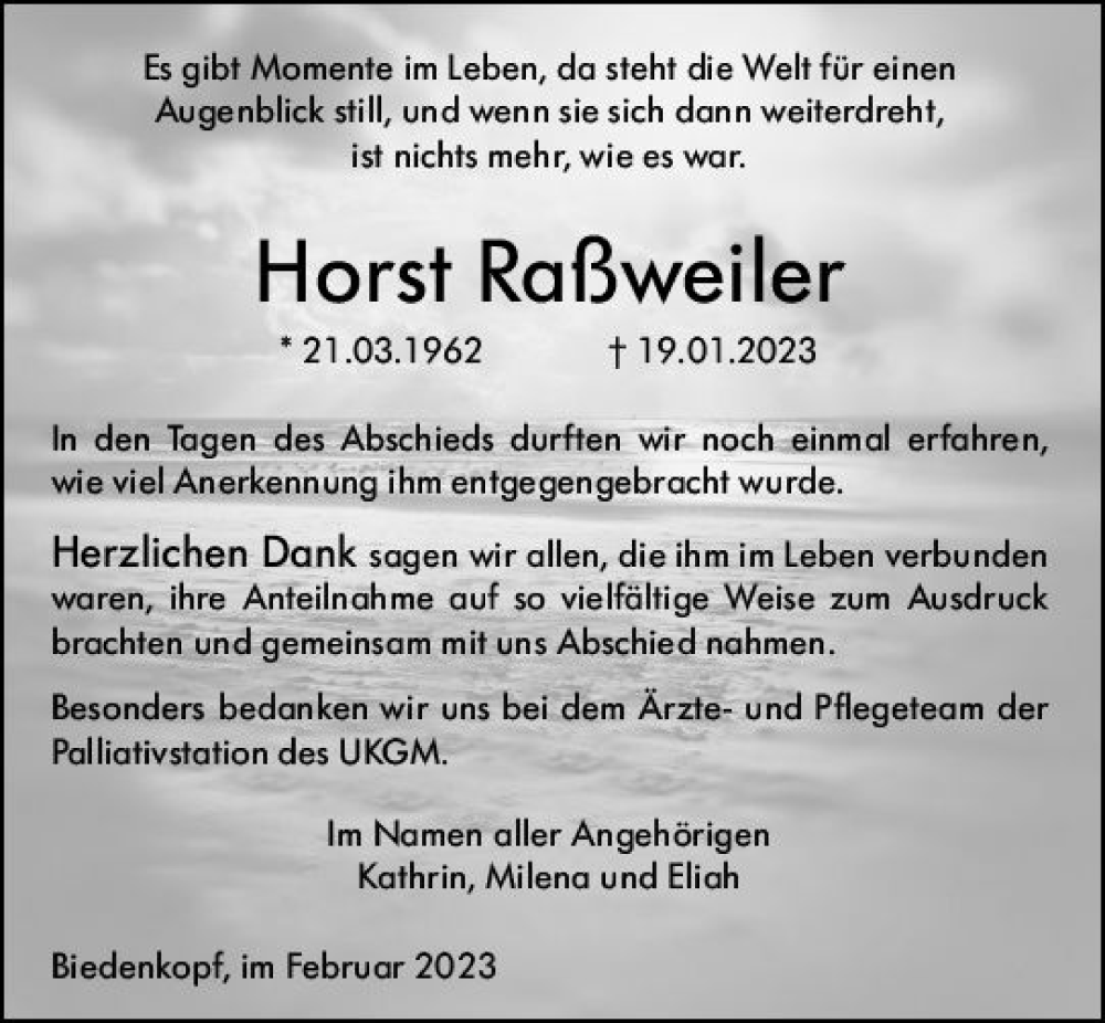  Traueranzeige für Horst Raßweiler vom 25.02.2023 aus Hinterländer Anzeiger