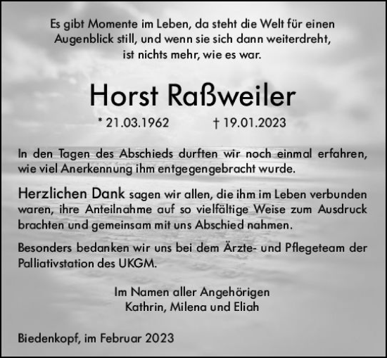 Traueranzeige von Horst Raßweiler von Hinterländer Anzeiger