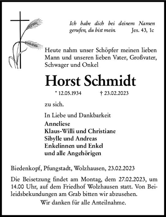 Traueranzeige von Horst Schmidt von Hinterländer Anzeiger