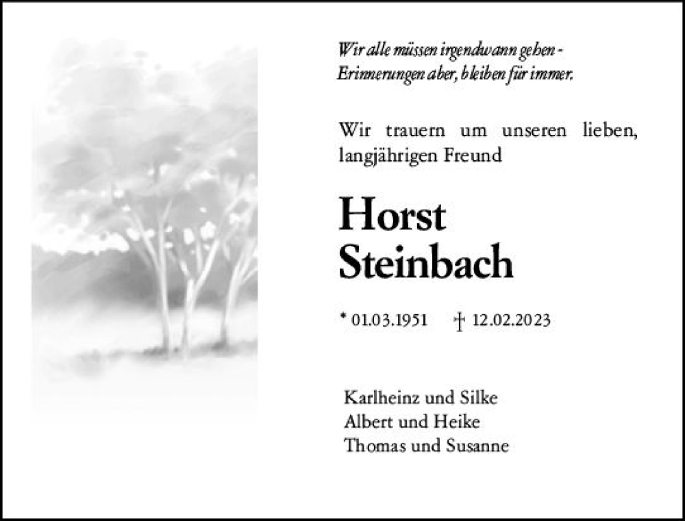  Traueranzeige für Horst Steinbach vom 18.02.2023 aus Allgemeine Zeitung Bingen/Ingelheim