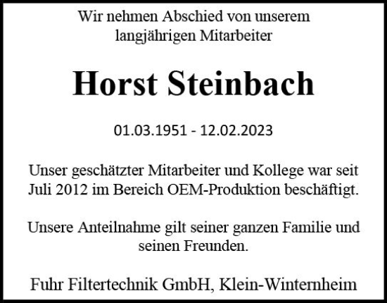 Traueranzeige von Horst Steinbach von Allgemeine Zeitung Bingen/Ingelheim