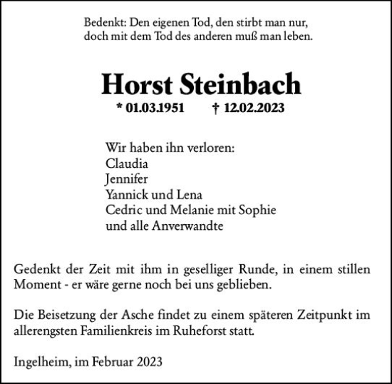 Traueranzeige von Horst Steinbach von Wiesbadener Kurier