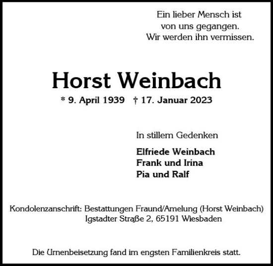 Traueranzeige von Horst Weinbach von Wiesbadener Kurier gesamt