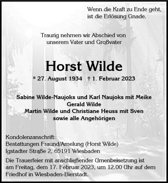 Traueranzeige von Horst Wilde von Wiesbadener Kurier gesamt