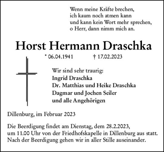 Traueranzeige von Horst Hermann Draschka von Dill Block
