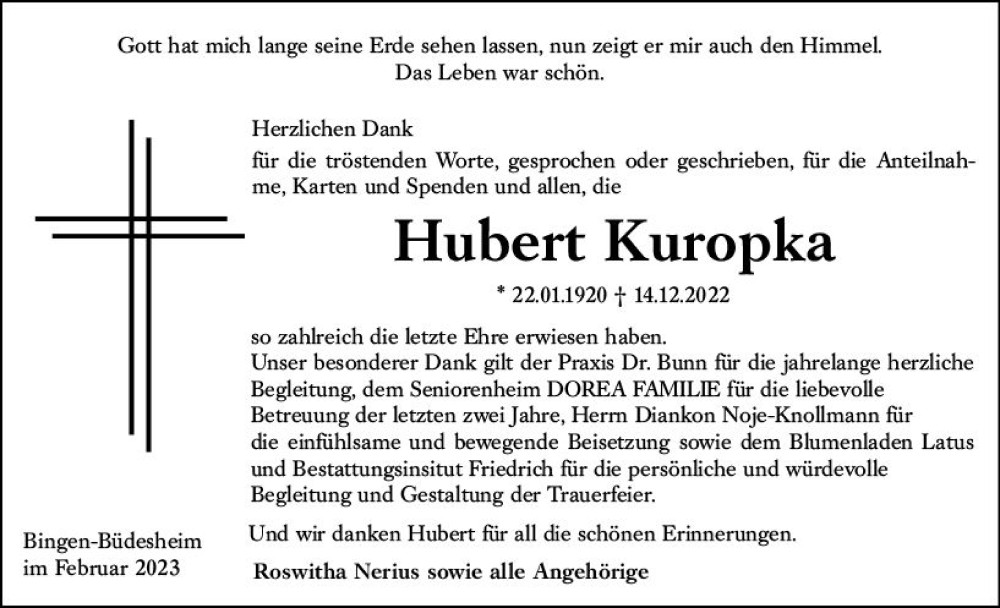  Traueranzeige für Hubert Kuropka vom 04.02.2023 aus Bingen/Ingelheim Wochenblatt inkl. NBZ