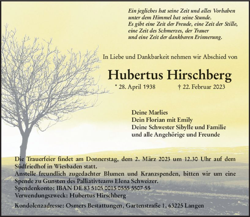  Traueranzeige für Hubertus Hirschberg vom 25.02.2023 aus Wiesbadener Kurier