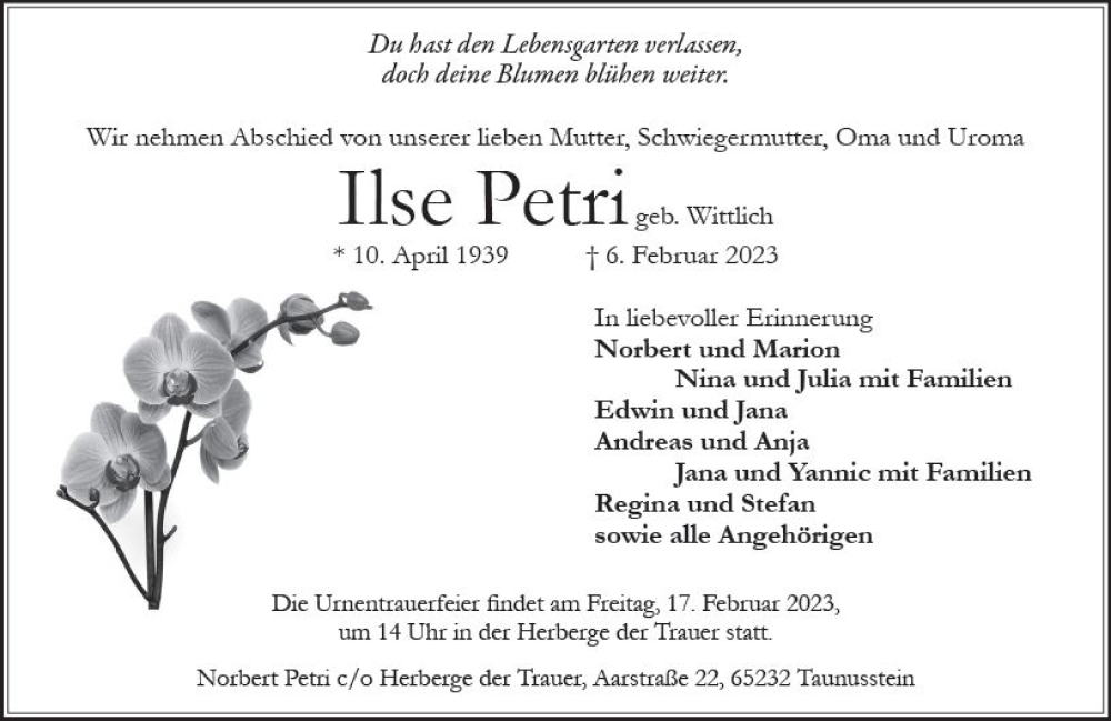  Traueranzeige für Ilse Petri vom 11.02.2023 aus Wiesbadener Kurier gesamt