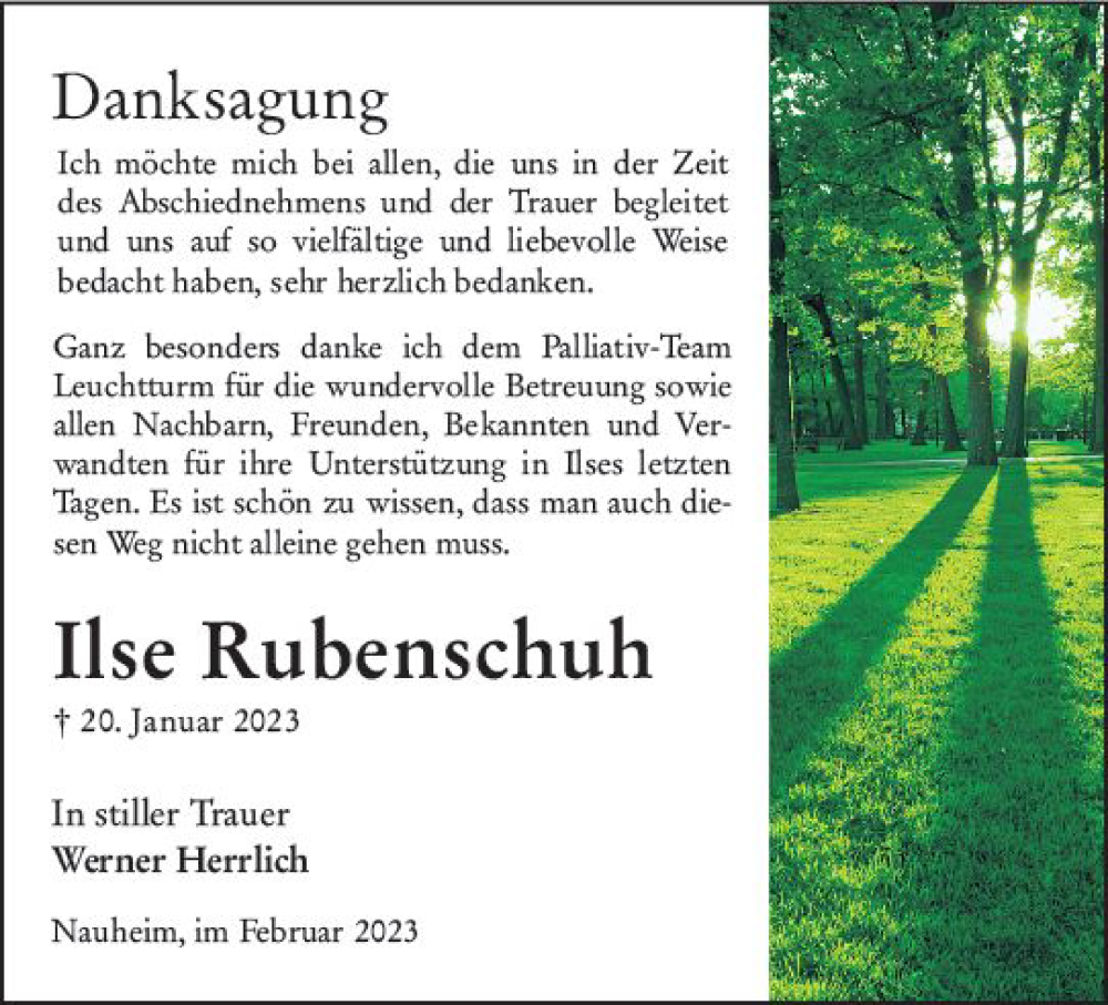  Traueranzeige für Ilse Rubenschuh vom 11.02.2023 aus Rüsselsheimer Echo