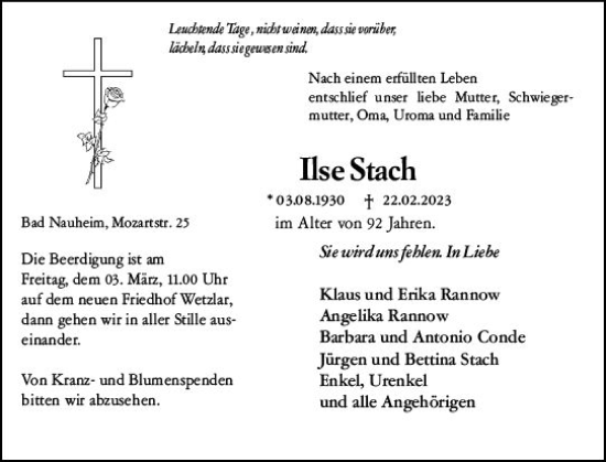 Traueranzeige von Ilse Stach von Wetzlarer Neue Zeitung