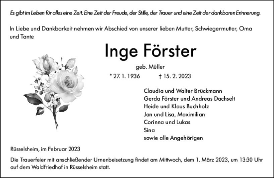 Traueranzeige von Inge Förster von Rüsselsheimer Echo