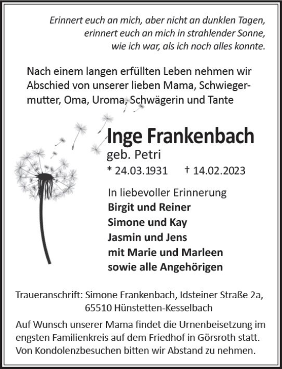 Traueranzeige von Inge Frankenbach von Idsteiner Land/Untertaunus