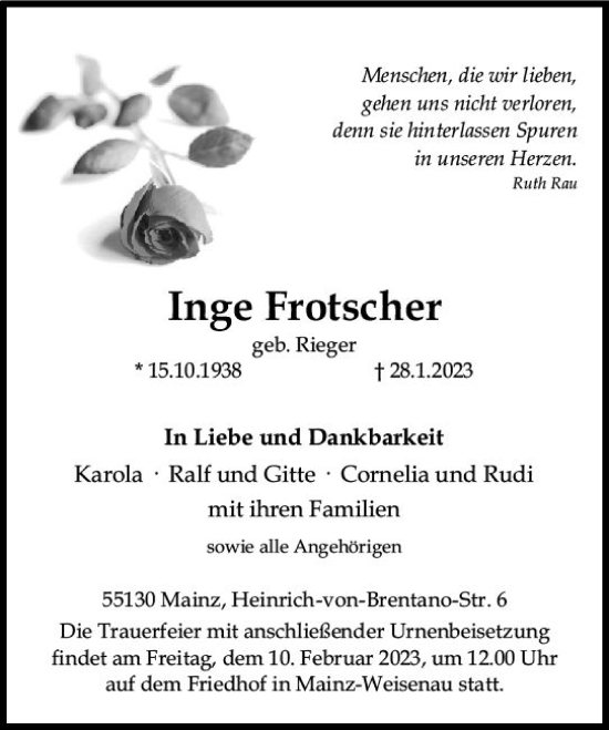 Traueranzeige von Inge Frotscher von Allgemeine Zeitung Mainz