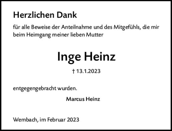 Traueranzeige von Inge Heinz von Darmstädter Echo