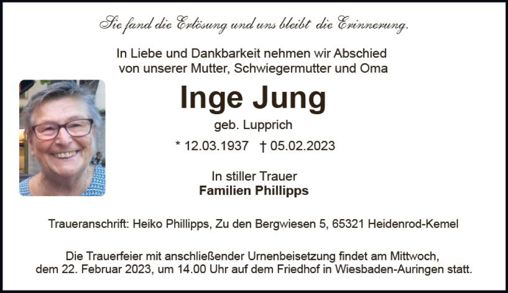 Traueranzeige für Inge Jung vom 11.02.2023 aus Wiesbadener Kurier gesamt